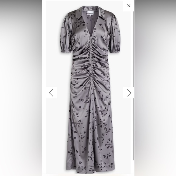 GANNI Ruched Floral-print Silk-blend satin midi dress - Picture 4 of 8